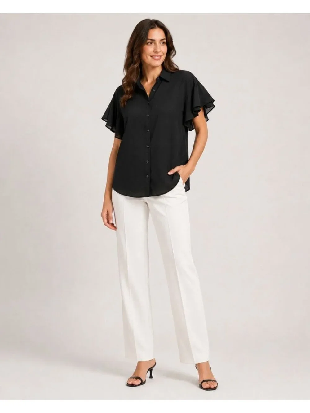 Nine West Women Black Button-Down With Ruffle Sleeves Blouse Size M